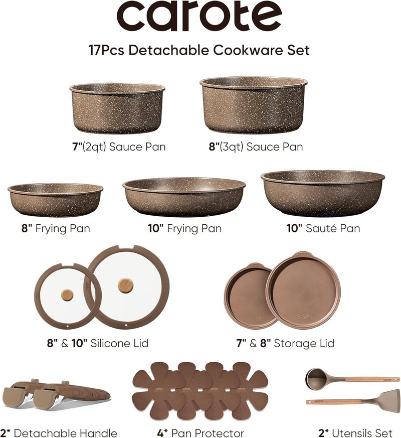 CAROTE 17PCS Pots and Pans Set Non Stick with Detachable Handle, Nonstick Cookware Sets, Cooking Kitchen Set, Oven/Dishwasher Safe, Induction Cookware, Brown, RV Kitchen Pot and Pan - Image 2